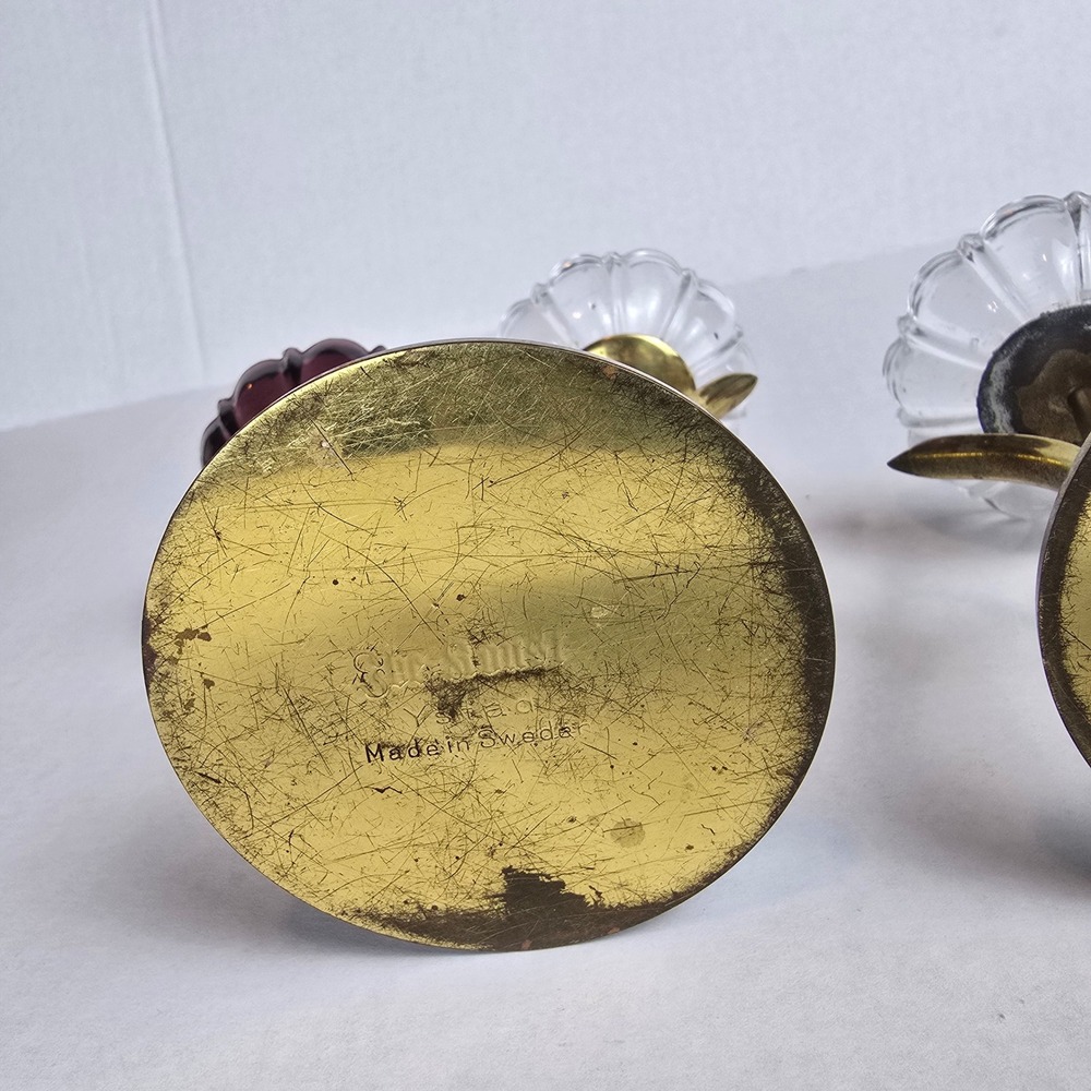 MCM Swedish Gunnar Ander Ystad Metall Brass Art Glass Flower Candle Holders Pair - Picture 7 of 9